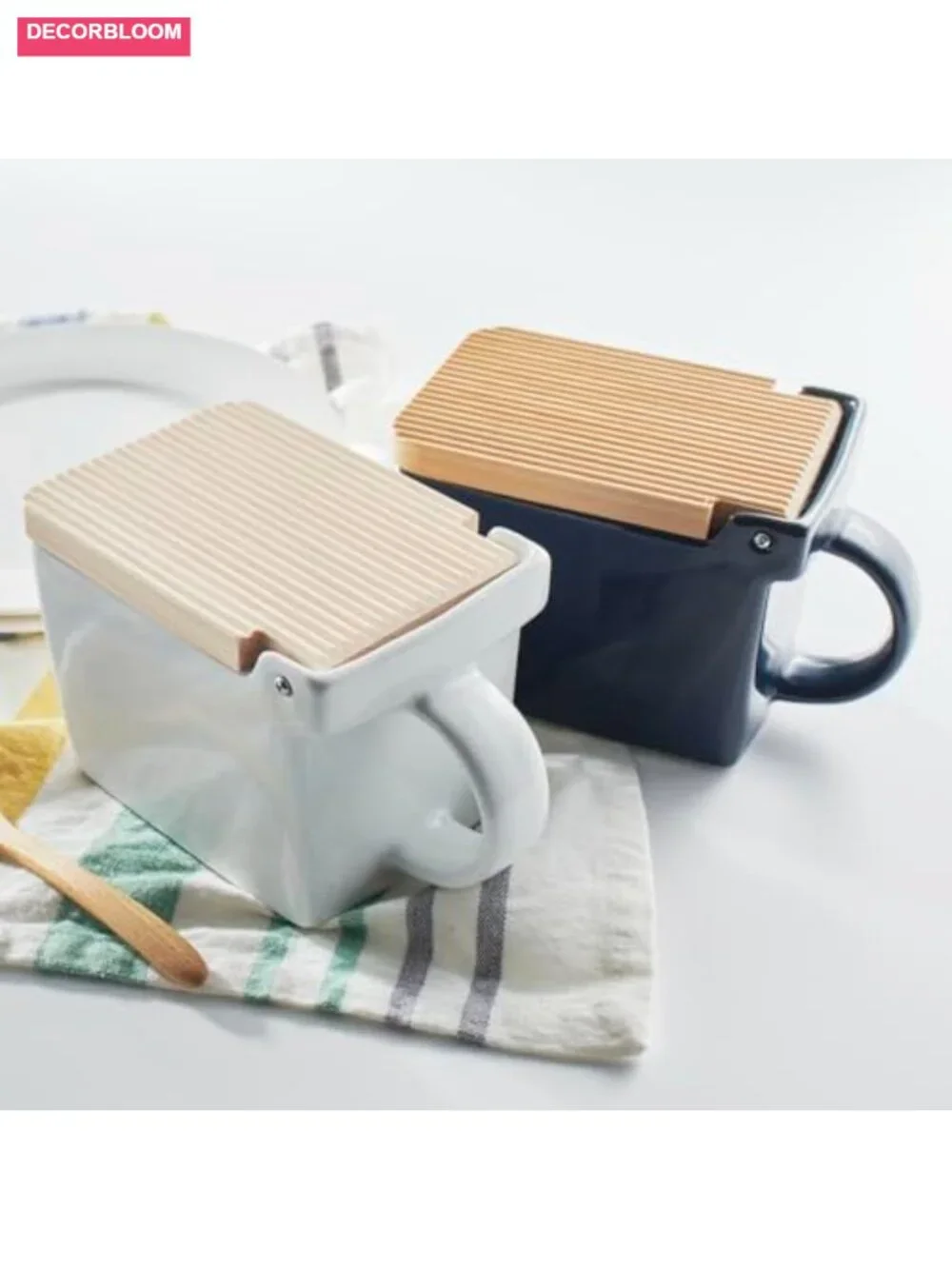 Japanese Ceramic Salt Cellar with Hinoki Wood Lid, 16 oz, Kitchen Storage